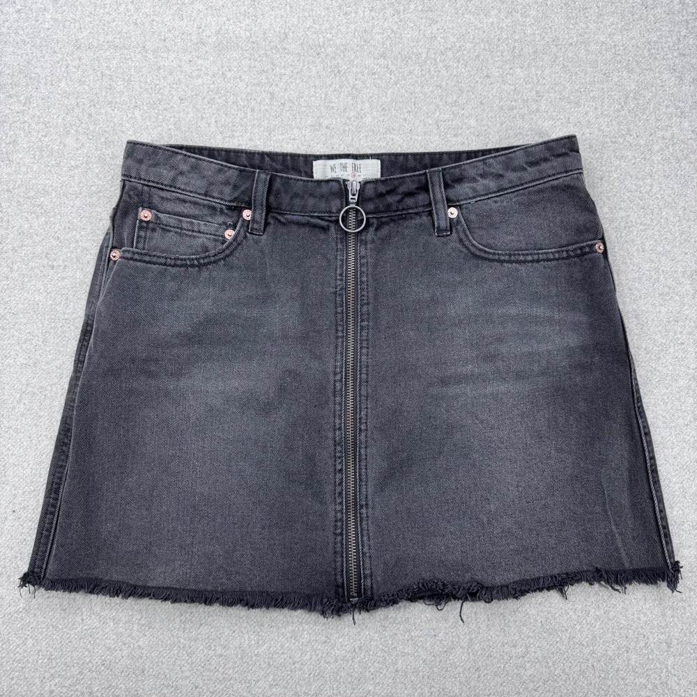 We The Free Zip It Up‎ Denim Mini Skirt Sz 29 Black Full Zip Raw Hem Grunge Boho